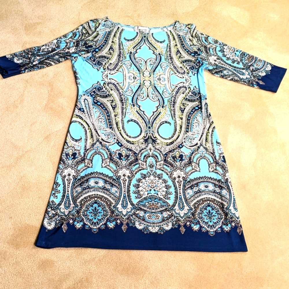 LONDON TIMES Shift‎ Dress Blue & Black Paisley Three Quarter Sleeves | Size 18